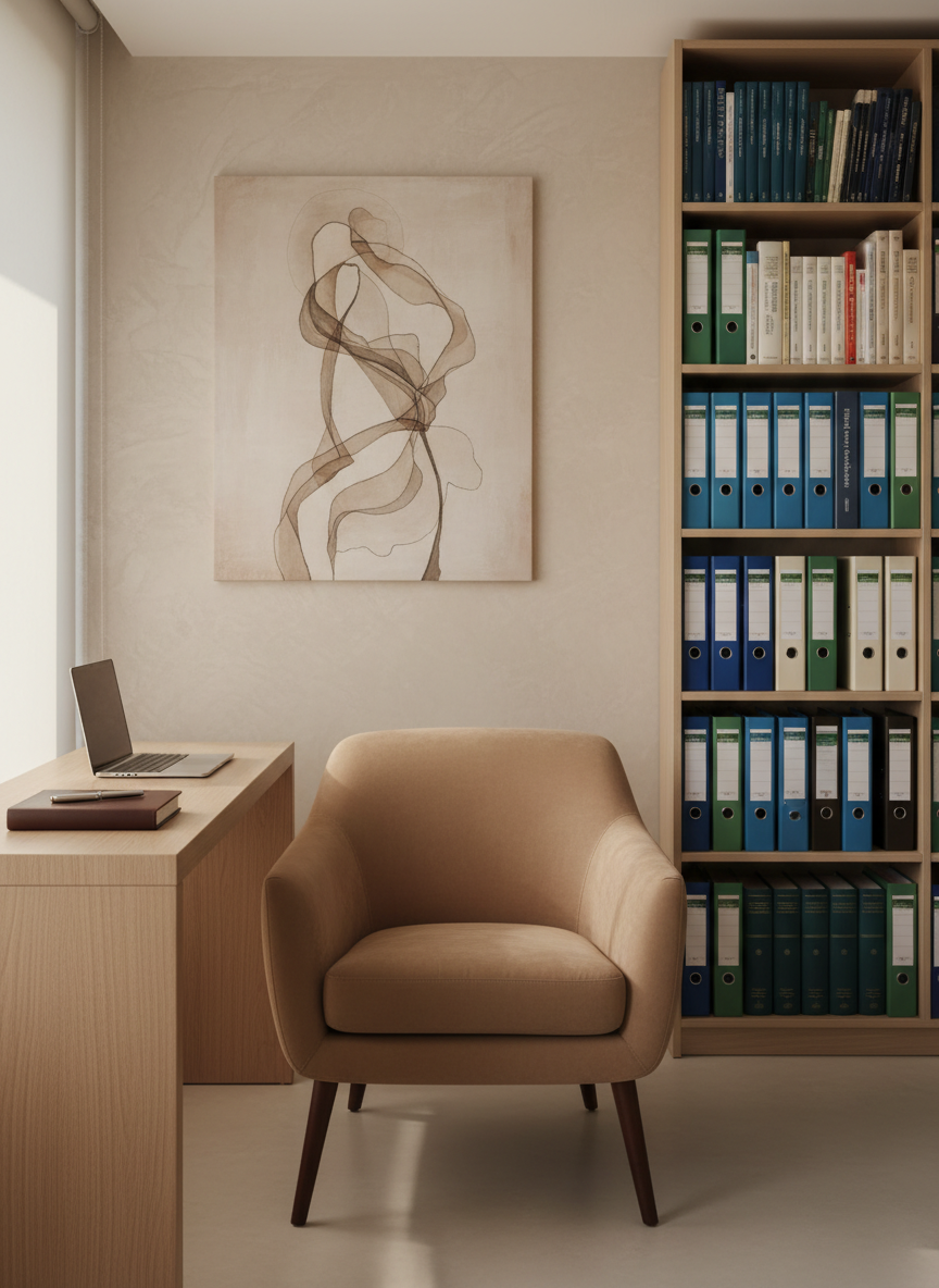 A carefully arranged scene symbolizing individual therapy: a single upholstered chair in warm taupe fabric facing a minimalist wooden console, where a closed laptop, a leather-bound notebook, and a neatly placed pen suggest focused clinical work. Nearby, a tall bookshelf holds color-coded binders and psychological texts without visible titles, emphasizing organization and expertise. The background shows a large, softly textured wall in light beige with a subtle abstract artwork. Natural afternoon light enters from the left, creating soft highlights on the wood grain and chair fabric. Shot with photographic realism from a slightly elevated angle, shallow depth of field blurring the far shelves, the atmosphere is quiet, contained, and professional, evoking a safe, structured space for personal reflection and systemic therapy.