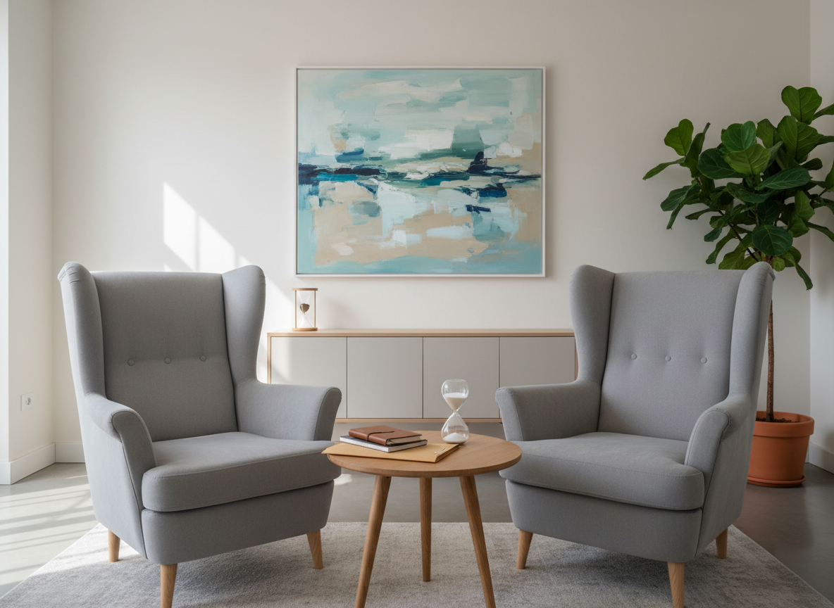A symbolic therapy space without people, represented by two identical, high-backed fabric armchairs in soft dove gray, facing each other at a gentle angle around a small round wooden table. On the table rests a neatly stacked notebook, a closed folder, and a simple sand timer, suggesting structured, professional sessions. The setting is a bright, modern room with pale neutral walls, a large abstract painting in calming blues and greens, and a tall plant in the corner. Soft morning light filters through an unseen window, creating gentle, diffused shadows. Photographic realism at eye level, with a balanced composition and moderate depth of field, conveys a professional, welcoming, and reflective atmosphere suited to a systemic psychotherapy studio in Rimini.