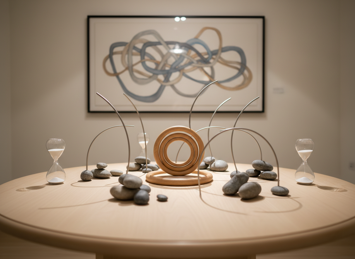 An abstract, symbolic representation of systemic-relational psychotherapy with no people: a circular wooden table displaying an intricate arrangement of interconnected objects—a set of nested wooden rings, smooth river stones of different sizes forming small groups, and two identical hourglasses placed at opposite sides of the circle, suggesting two therapists collaborating. Each cluster of stones is slightly separated yet clearly connected by thin, curved metal rods, evoking family and relational networks. The table stands in a minimalist room with pale walls and a single large artwork of intertwined lines in muted blues and grays. Soft overhead and side lighting create gentle reflections and overlapping shadows that emphasize connection. Photographic realism with a slightly elevated angle and shallow depth of field produces a contemplative, intellectual mood aligned with systemic psychology practice.