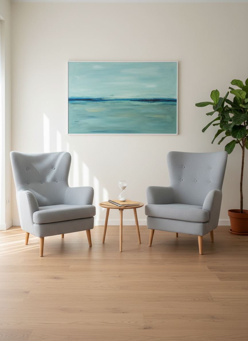 A symbolic therapy space without people, represented by two identical, high-backed fabric armchairs in soft dove gray, facing each other at a gentle angle around a small round wooden table. On the table rests a neatly stacked notebook, a closed folder, and a simple sand timer, suggesting structured, professional sessions. The setting is a bright, modern room with pale neutral walls, a large abstract painting in calming blues and greens, and a tall plant in the corner. Soft morning light filters through an unseen window, creating gentle, diffused shadows. Photographic realism at eye level, with a balanced composition and moderate depth of field, conveys a professional, welcoming, and reflective atmosphere suited to a systemic psychotherapy studio in Rimini.