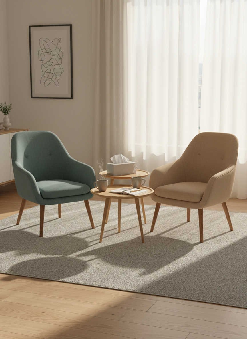 A visual metaphor for couple therapy without human presence: two adjacent chairs in complementary colors, one muted teal and one soft sand, slightly angled toward each other with a narrow space in between. In the center, a low wooden table holds two matching ceramic cups of herbal tea, a small box of tissues, and an open blank notebook, suggesting dialogue and shared work. The room has a clean, contemporary design with light oak flooring, a large rug in pale gray, and a framed, abstract line drawing on the wall evoking interconnections. Golden-hour light washes through sheer curtains, casting warm, gentle shadows. Photographic realism, shot at eye level with the chairs placed via rule of thirds, creates a harmonious, calm, and hopeful atmosphere suited to systemic-relational couple therapy.