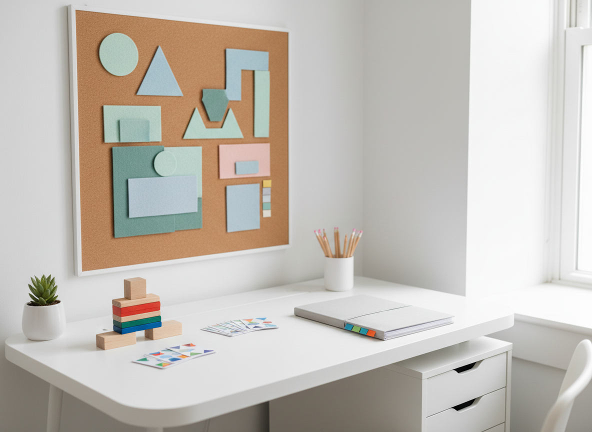 A diagnostic corner dedicated to learning disorders assessment, shown without people: a modern white desk with rounded edges, a slim monitor turned slightly aside, and neatly arranged test materials such as colored blocks, pattern cards, and sharpened pencils in a simple cup. A closed folder with color-coded tabs hints at structured DSA evaluation. Behind the desk, a corkboard holds abstract shapes and color swatches instead of readable documents, maintaining confidentiality while suggesting systematic work. The environment is bright and ordered, with soft pastel accents and a small plant adding warmth. Diffused daylight from a large window on the right creates a clean, clinical yet welcoming light. Photographic realism, shot from a slight three-quarter angle with sharp focus, conveys precision, care, and professionalism in learning disorder diagnosis.