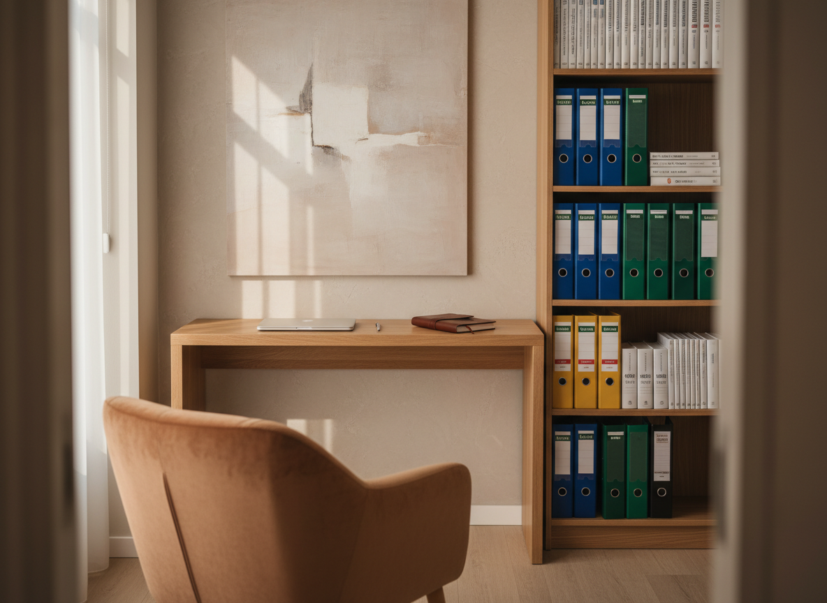 A carefully arranged scene symbolizing individual therapy: a single upholstered chair in warm taupe fabric facing a minimalist wooden console, where a closed laptop, a leather-bound notebook, and a neatly placed pen suggest focused clinical work. Nearby, a tall bookshelf holds color-coded binders and psychological texts without visible titles, emphasizing organization and expertise. The background shows a large, softly textured wall in light beige with a subtle abstract artwork. Natural afternoon light enters from the left, creating soft highlights on the wood grain and chair fabric. Shot with photographic realism from a slightly elevated angle, shallow depth of field blurring the far shelves, the atmosphere is quiet, contained, and professional, evoking a safe, structured space for personal reflection and systemic therapy.